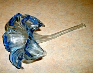 Vintage Trumpet Lily Pale Sky Blue Artisan Art Glass Stem Flower Hand Blown Vase