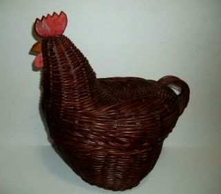 Vintage Large Storage Rattan Wicker Chicken Hen Rooster Basket Farmhouse Lidded