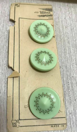 Vtg Jadite Jadeite Green Glass Buttons Czechoslovakia Czech Round Point Gold Nos