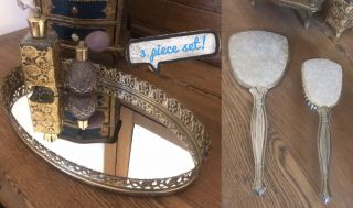 Vintage Gold Oval Vanity Tray,  Brush & Mirror.  Classic Elegance,  Ormolu