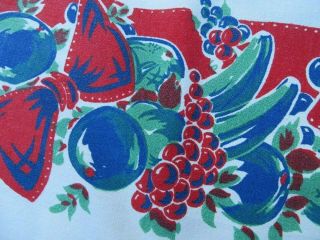 Vtg 40s Tablecloth Fruit Cherries Bows Red Blue Jadeite Cotton Big 50x50