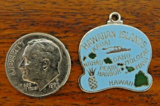 Vintage Silver Hawaii Hawaiian Islands Map Maui Pearl Harbor Kauai Enamel Charm