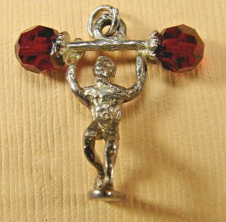 Vtg Sterling Silver Weight Lifter W Crystal Barbells,  Powerlift Muscle Man Charm