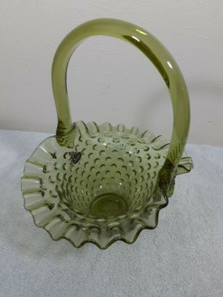 Vintage Fenton Olive Green Hobnail Ruffled Edge Glass Basket