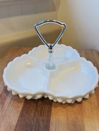 Vintage Fenton White Milk Glass Hobnail 3 - part Divided Candy Relish Dish Wedding 2
