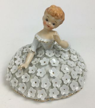 Vintage Porcelain Lady Figural Powder Jar Box Applied Flowers 6111a Japan?
