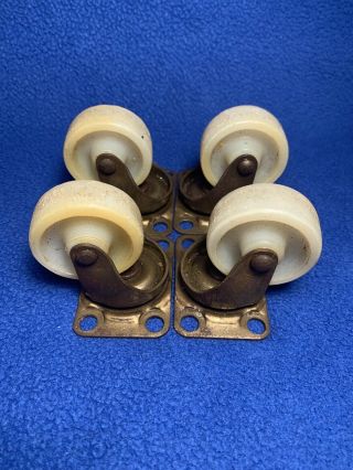 Set Of 4 Vintage Brass Caster Wheel 1 1/2” X 2” - Swivel White Wheel