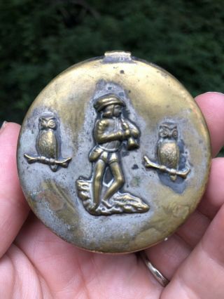 Vintage Antique Brass Hinged Round Pill Box Silvered Two Owls Musical Man