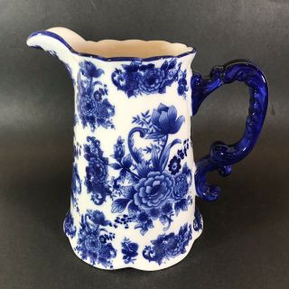 Vintage Blue White Water Pitcher Flowers Floral Design Ceramic 9 " H