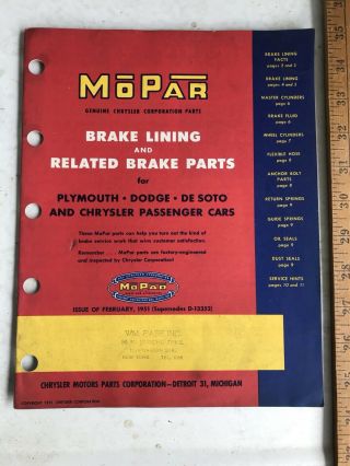 Vtg Brake Lining And Other Brake Parts For Plymouth Dodge,  More,  1951 Mopar