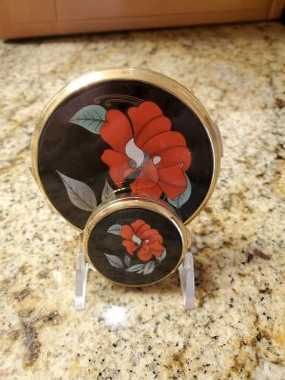 Vintage Stratton Compact With Matching Pill Box And Stand Black W Poppy