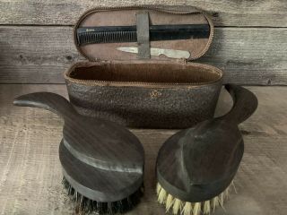Vintage Mohawk Hair Brush Set Boar Bristles Wood Handle In Leather Case