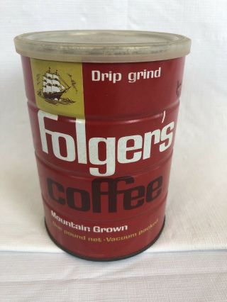 Vintage 1963 Folgers 1 - Pound Coffee Tin Metal Can W/ Painted Graphics