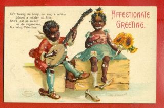 Greeting Black Children And Banjo Vintage Embossed Postcard 3596