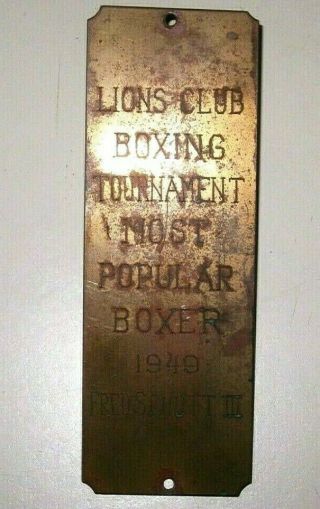 Vintage 1940 Lions Club Boxing Tournament Most Popular Boxer Fred Schutt Plaque