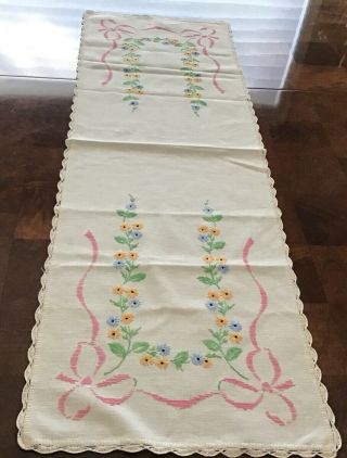 Vintage Cotton Embroidered Table Runner Or Dresser Scarf