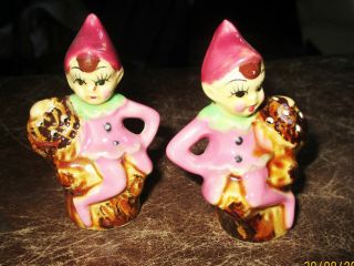 Vintage Pink Pixie Elf On Tree Stump Salt And Pepper Shakers Japan Corks