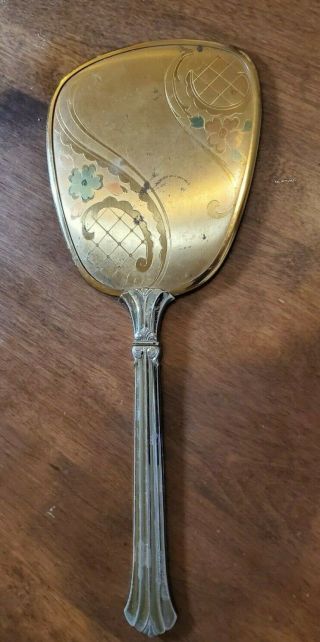 Antique Hand Held Mirror Gold Silver Tone Long Handle Vintage Vanity