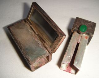 Vintage lipstick holder silver with jade stone and mirror vintage 3