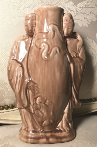 Vintage Hedi Schoop Asian Figural Ceramic Vase Tan Beige 50s Klein Co Retro