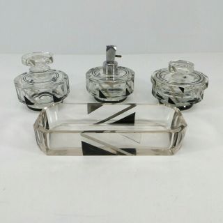 Vintage Art Deco 4 Piece Set Glass Vanity Bottle - Covered Jar - Atomizer - Tray