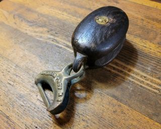 Antique Tools Bar Pulley Black Walnut Brass Vintage Marine Block & Tackle ☆usa
