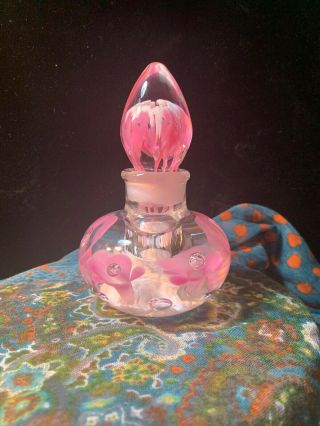 Joe Rice Art Glass Paperweight Perfume Bottle White & Pink Flowers,  Bubbles