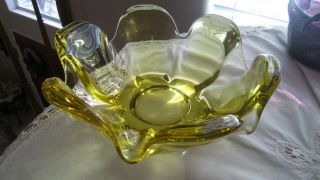 Vintage Art Glass Yellow/ Amber/ Vaseline Colored Flower Shaped Bowl