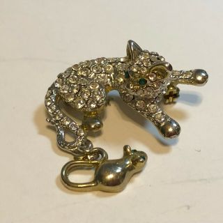 Vintage Rhinestone Cat Wit Mouse Green Eyes Pin Brooch