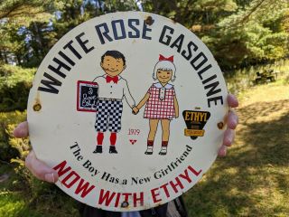 Old 1929 Rare Vintage White Rose Gasoline W/ Ethyl Porcelain Gas Station Sign