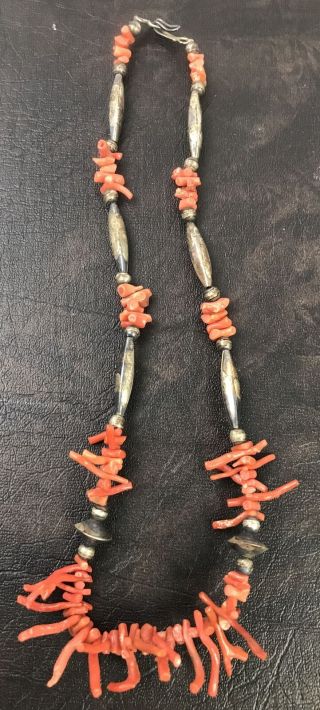 Vtg Old Pawn Era Navajo Sterling Beads,  Branch Coral Necklace Estate Find Nr