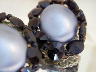 Showy Vintage 1950 ' s Sparkly Black Glass & Gray Faux Pearl Clip Earrings 252F 2