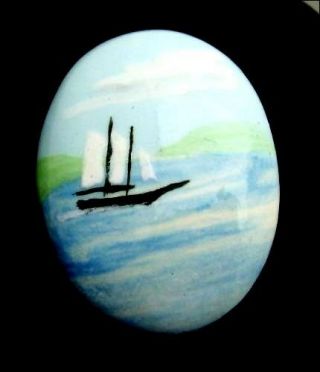 Sailboat On Water Brooch Vintage Pin Blue White Oval Hand Crafted Ceramic 1 1/2 "