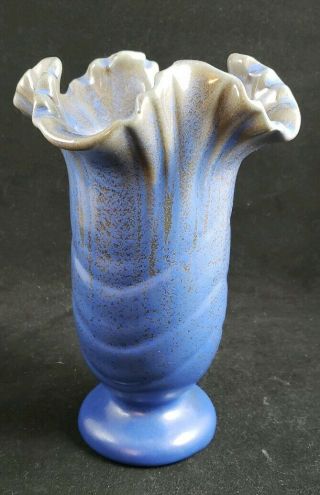 Vintage Art Deco Blue Camark Pottery Vase With Ruffled Flared Rim - 7.  75 "