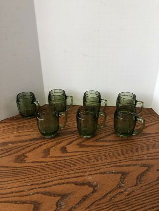 Set Of 7 Vintage Green Mini Barrel Mug Shot Glass With Handle Hazel Atlas