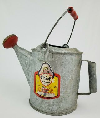 Vintage Chief Galvanized Watering Can With Brass Sprinkler Head And Wood Handle