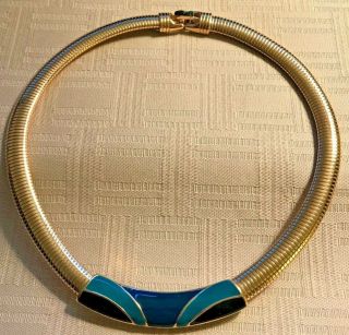 Crown Trifari Vintage Gold Tone Omega Necklace W/ Blue & Green Center Signed