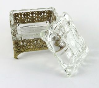 Vintage Gilded Metal Filigree Floral W/ Scallop Glass Insert Jewelry Trinket Box