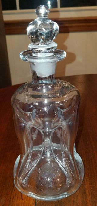 Vintage Barware Handblown " Pinched " Clear Glass Decanter With Lid 10 1/2 " Tall