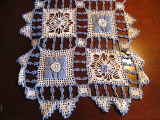 Blue & White Hand Crochet Runner,  Diamond Edge,  15 " X 36 ",  Vintage
