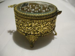 Vintage Stylebuilt Filigree Glass Ormolu Casket Jewelry Box Trinket Mid Century