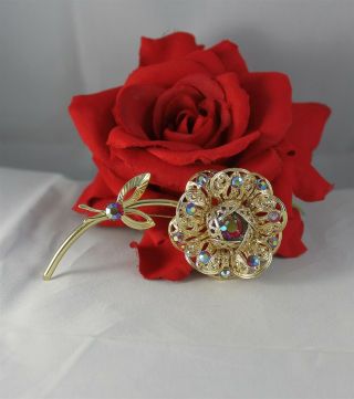 Vintage Sarah Coventry Red Ab Rhinestone Flower Pin Brooch Cat Rescue