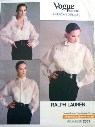 Vogue 2001 Pattern 90s Vintage Ralph Lauren Sz 12 Blouse In 3 Styles