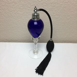 Vintage Cobalt Blue Elongated Crystal Perfume Bottle Art Glass Atomizer