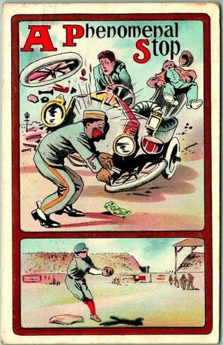 Vintage Baseball Comic Greetings Postcard " A Phenomenal Stop " / 1911 Cancel