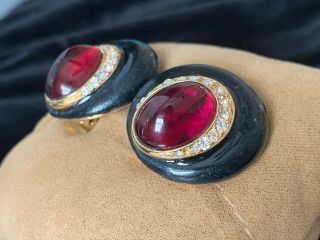 Vintage Signed Ciner Black Enamel Rhinestone & Mauve Cabochon Clip Earrings 2