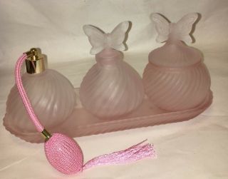 Vintage Frosted Pink Vanity Set W Butterfly Lid And Stopper
