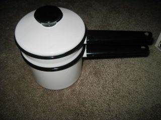 Vintage Enamelware Double Boiler Pot White Enamel W/ Black Trim - Cond