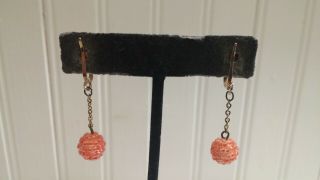 Vintage Goldtone Metal Orange Glass Seed Bead Ball Drop Dangle Clip - On Earrings