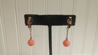 Vintage Goldtone Metal Orange Glass Seed Bead Ball Drop Dangle Clip - On Earrings 3